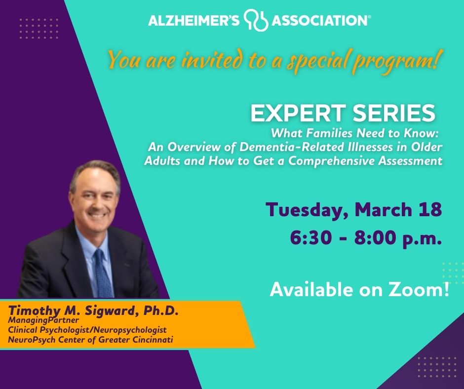 An overview of dementia-related illnesses in older adults, including Alzheimer's, and the importance of a comprehensive assessment. Presented by Timothy M. Sigward, Ph.D. of NeuroPsych Center of Greater Cincinnati. Register today! loom.ly/TkFJrcU. #ENDALZ