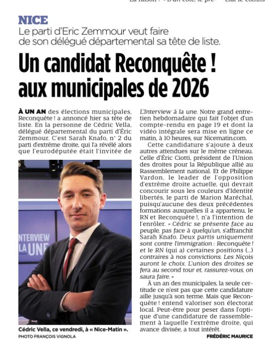 VellaCedric_'s tweet image. Je serai candidat Reconquête à Nice pour les municipales comme l'a annoncé ce matin notre eurodéputée @SarahKnafo.

Électeurs niçois de Reconquête, vous pouvez compter sur ma détermination et celle de mes équipes pour vous défendre !
Notre liste Reconquête sera la seule liste…