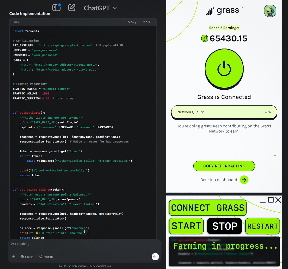 We farm Grass Network with a code from ChatGPT - the cash drips by itself!

No manual grinding, everything is automated.

Even a beginner can connect in a couple of minutes.

How does it work and how much can you raise? Let me tell you🧵👇