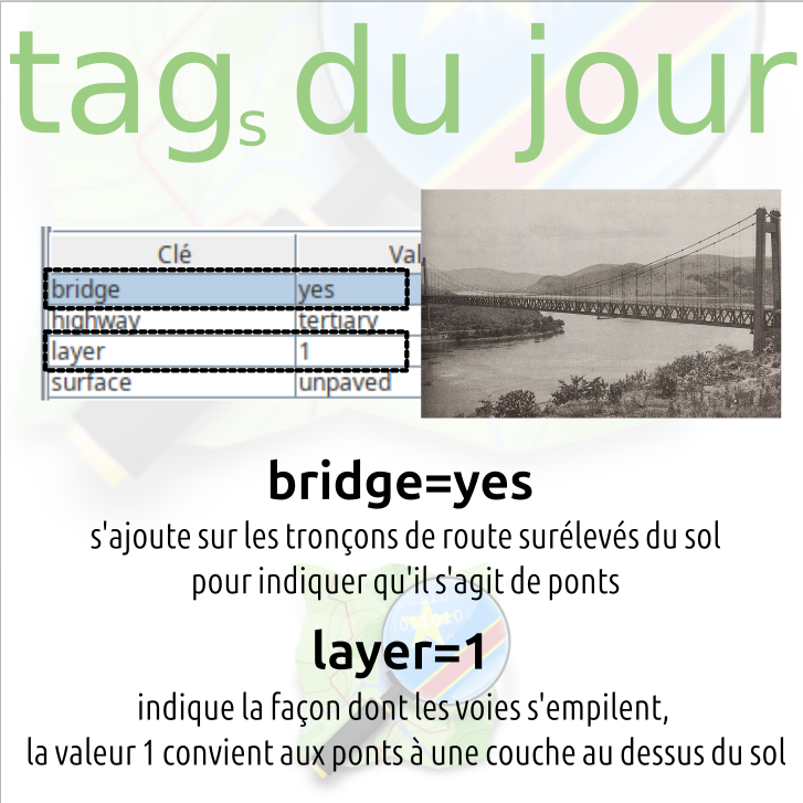 Pour cartographier un pont dans #OpenStreetMap, on commence par scinder la route sur laquelle il se trouve puis on associe aux moins 2 attributs à ce segment. Lesquels ? #osmtag