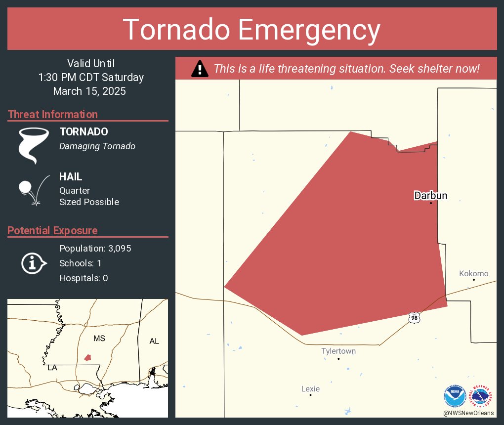 Tornado Emergency continues for Darbun MS until 1:30 PM CDT