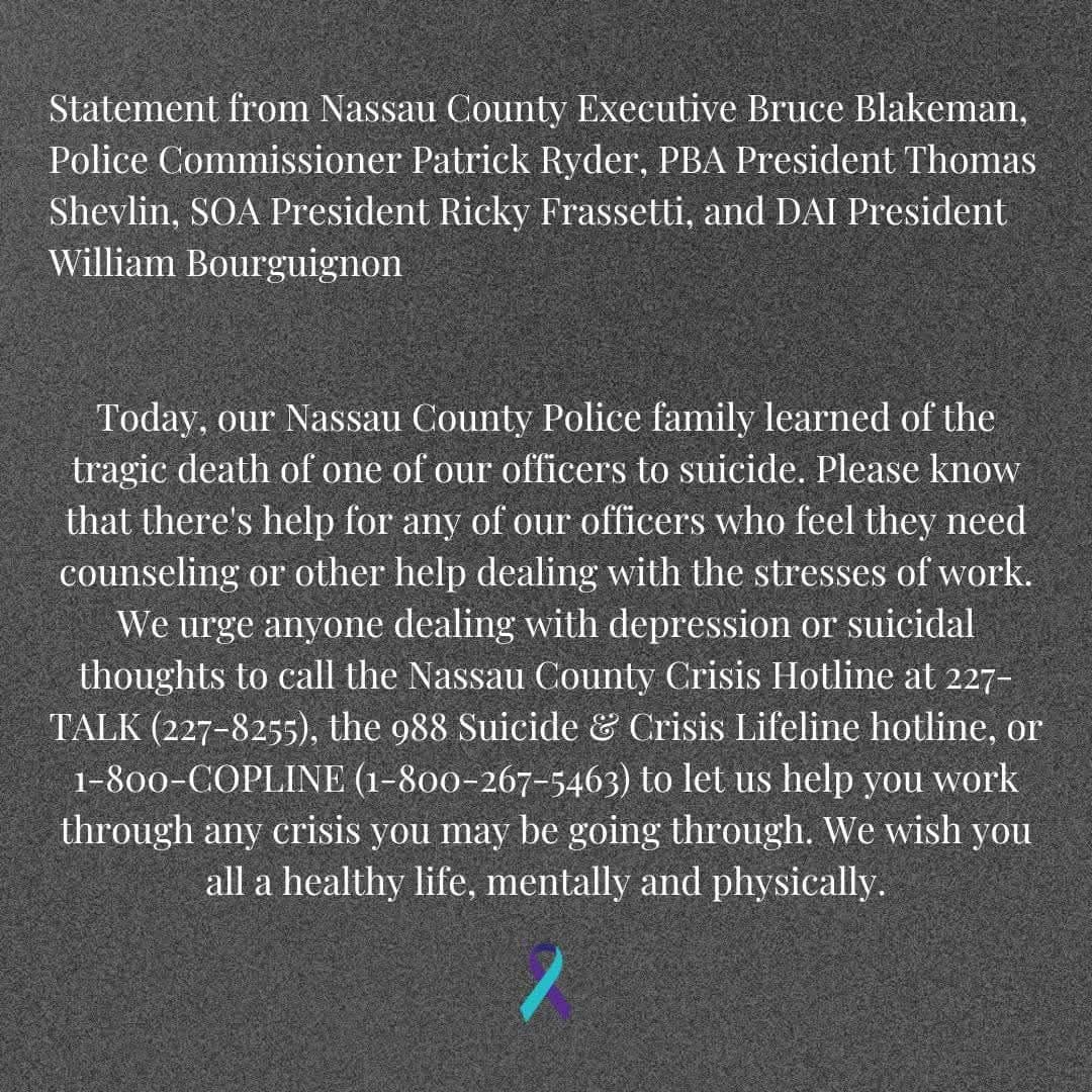 nassaucountypba's tweet image. The PBA is deeply saddened to lose another Brother in Blue R.I.P. 🙏💔💙
#breakthestigma
#stopsuicide