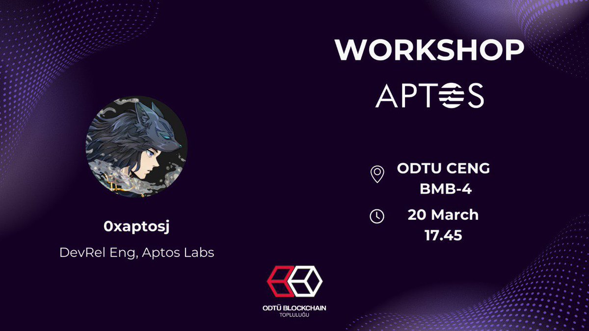 Aptos ile düzenlediğimiz <a href="/Aptos/">Aptos</a> Move Workshop'a davetlisiniz.

Aptos'un avantajları ve grant fırsatlarını değerlendirdikten sonra, 0xaptosj ile Move dili kod yapısı ve temel konseptlerine derinlemesine bakacağız.

20 Mart BMB-4’te, saat 17.45'te düzenlenecek bu etkinlikte yer