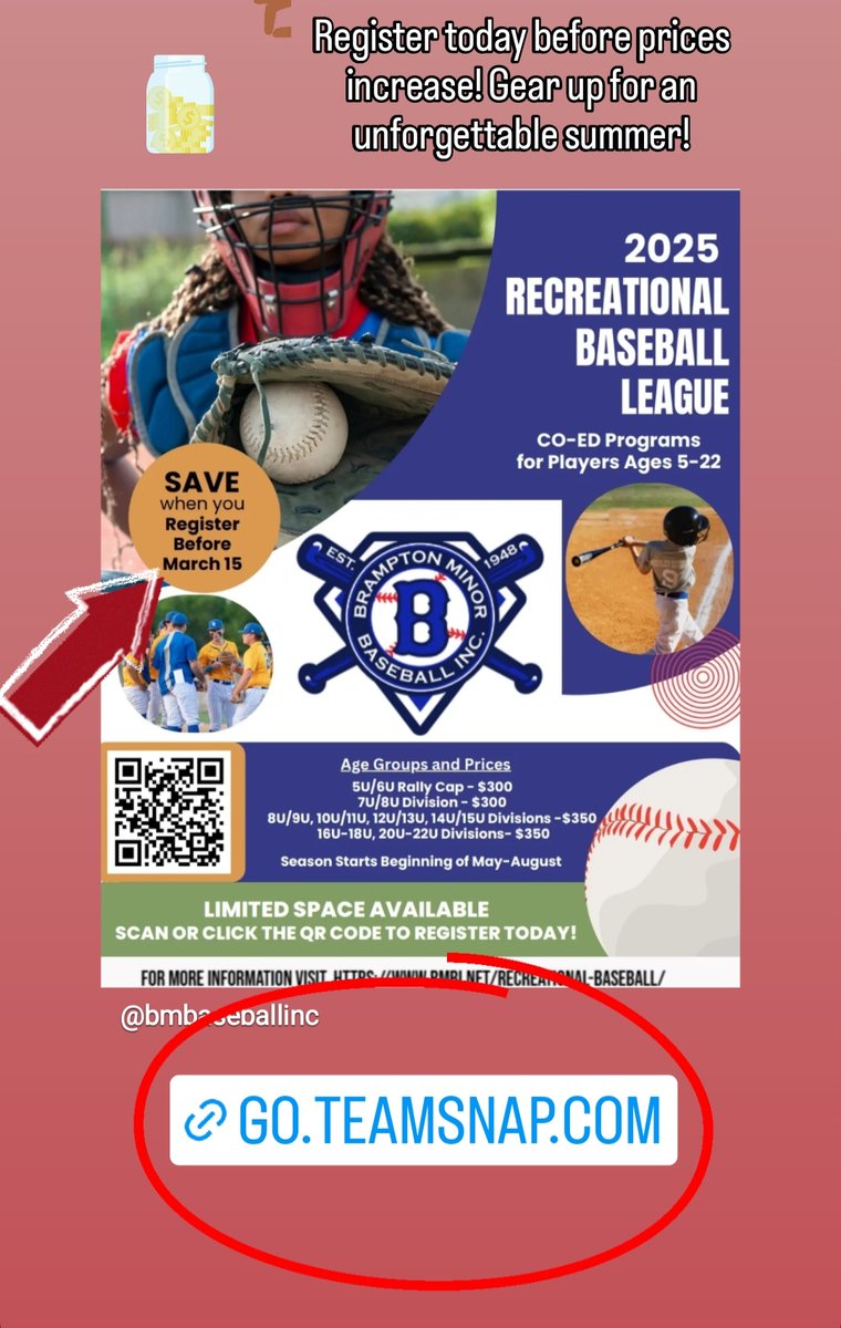 BramptonMBaseball (@bmbaseballinc) on Twitter photo Are you looking for a way for your child to spend their summer playing the best sport in the world?
Prices increase after today so don't wait to secure your spot.
go.teamsnap.com/forms/460661
For any questions please email: registrations@BMBI.net Are you looking for a way for your child to spend their summer playing the best sport in the world?
Prices increase after today so don't wait to secure your spot.
go.teamsnap.com/forms/460661
For any questions please email: registrations@BMBI.net