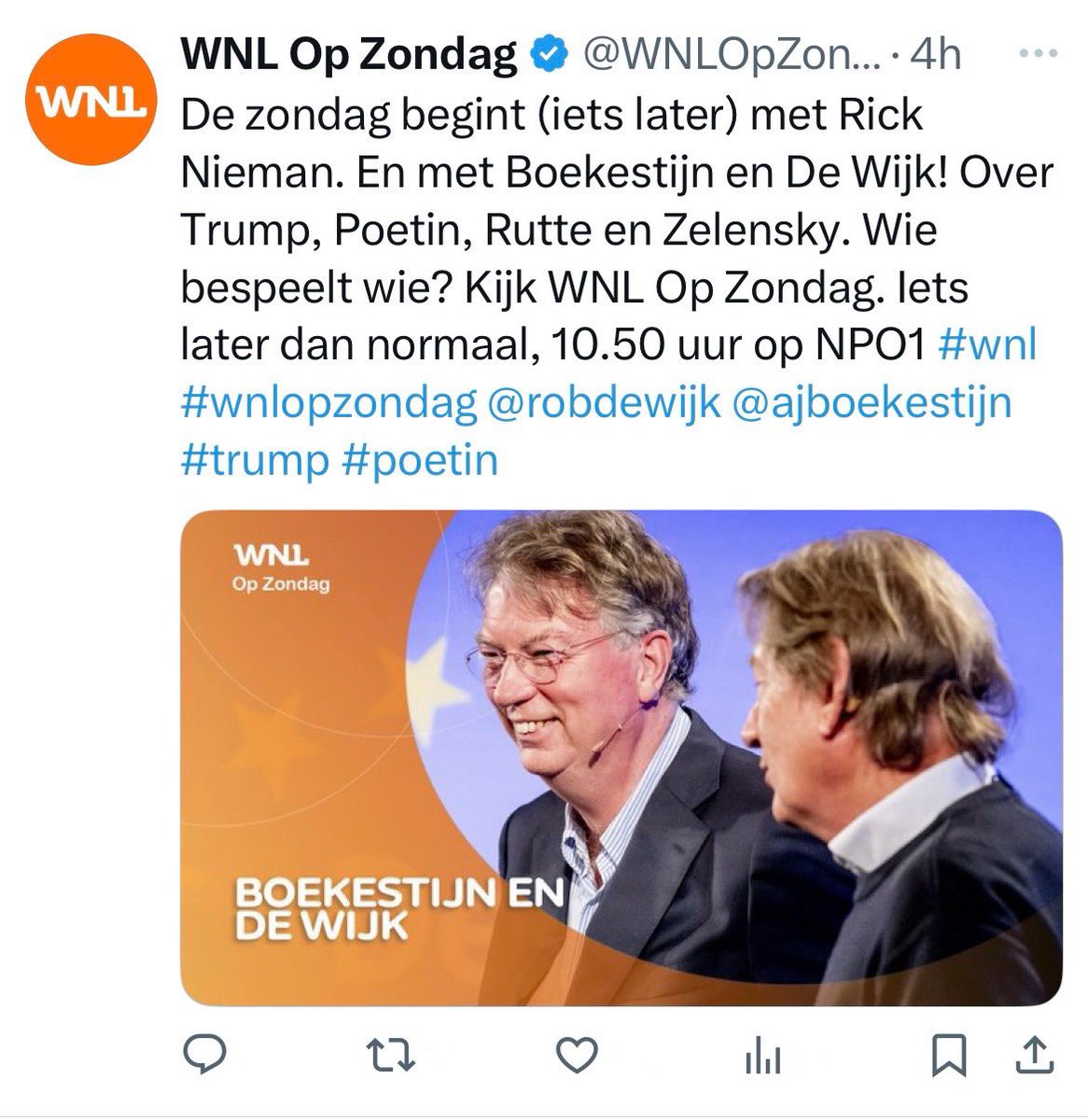 ZEG MAAR NEE… DAN KRIJG JE ZE ALLE TWEE…

@AJBoekestijn én @RobdeWijk… Zouden ze bij @WNLopZondag van hun vaste kijkers afwillen?.. Afzonderlijk zijn de mannen al amper te doen… Maar alle twee tegelijk?.. Serieus?..
#WNLopZondag #WNL