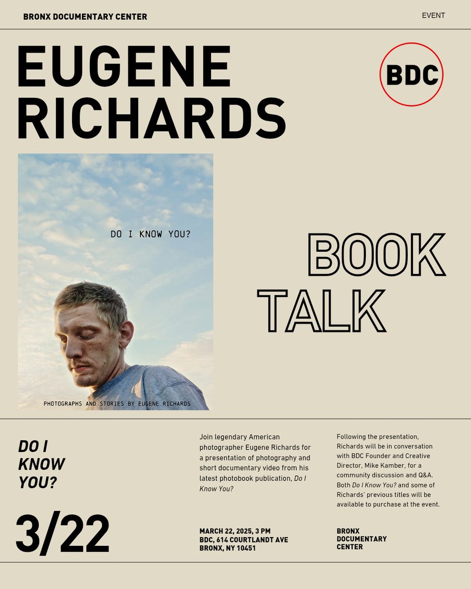📚 Book Talk: Eugene Richards – Do I Know You?
🗓 Sat, Mar 22 | 3 PM

Join legendary photographer Eugene Richards (@eugenerichardsphotography) for a presentation of images and short films from his latest photobook, 'Do I Know You?'—a powerful collection of 24 stories.