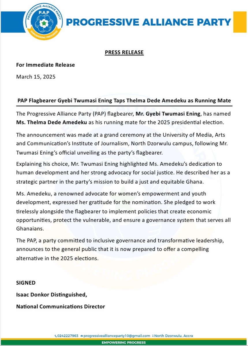 🗣Gyebi Twumasi Ening, Flagbearer of the Progressive Alliance Party, names Thelma Dede Amedeku as Running Mate🥳
#EmpoweringProgress
#HopeIsHere
#GhanaPolitics #26thTGMA