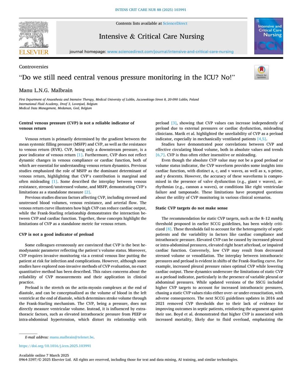 🔴“Do we still need central venous pressure monitoring in the ICU? No!”⤵️ #2025Controversies

🔹sciencedirect.com/science/articl…
 #Cardiology #FOAMed #MedEd #medstudent #paramedic #Cardiology #CardioEd #medtwitter #meded #CardioTwitter #cardiotwiteros  #MedX #cardiovascular #MedTwitter