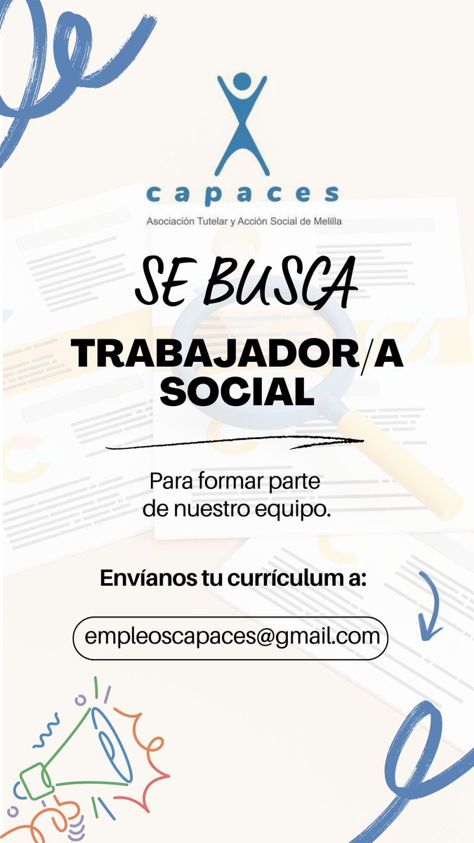 YCapaces's tweet image. 📢 ¡Oferta de Empleo!

Buscamos Trabajadora/or Social para unirse a nuestro equipo.

📌 Requisitos:
✔️ Titulación en Trabajo Social
✔️ Vocación y compromiso con el ámbito social.
✔️ Habilidades de gestión y trabajo en equipo

📩 Interesados enviar CV a:
 empleoscapaces@gmail.com