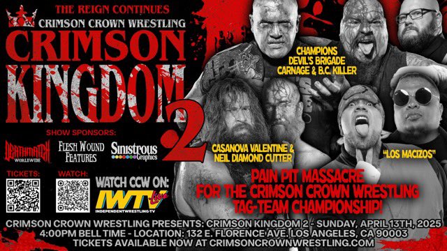 crimsoncrownccw's tweet photo. CRIMSON CROWN WRESTLING TAG-TEAM CHAMPIONSHIP “PAIN PIT MASSACRE” 3-WAY DANCE DEATH MATCH:

The Devils Brigade (c) vs. @BlackDeathCas &amp; @FearlessNeil vs. Los Macizos‼️

🎟️ Get your tickets NOW: https://t.co/DSd2LPuORH

📺 Streaming on @indiewrestling / @smartmarkvideo https://t.co/wrXguFiT3f