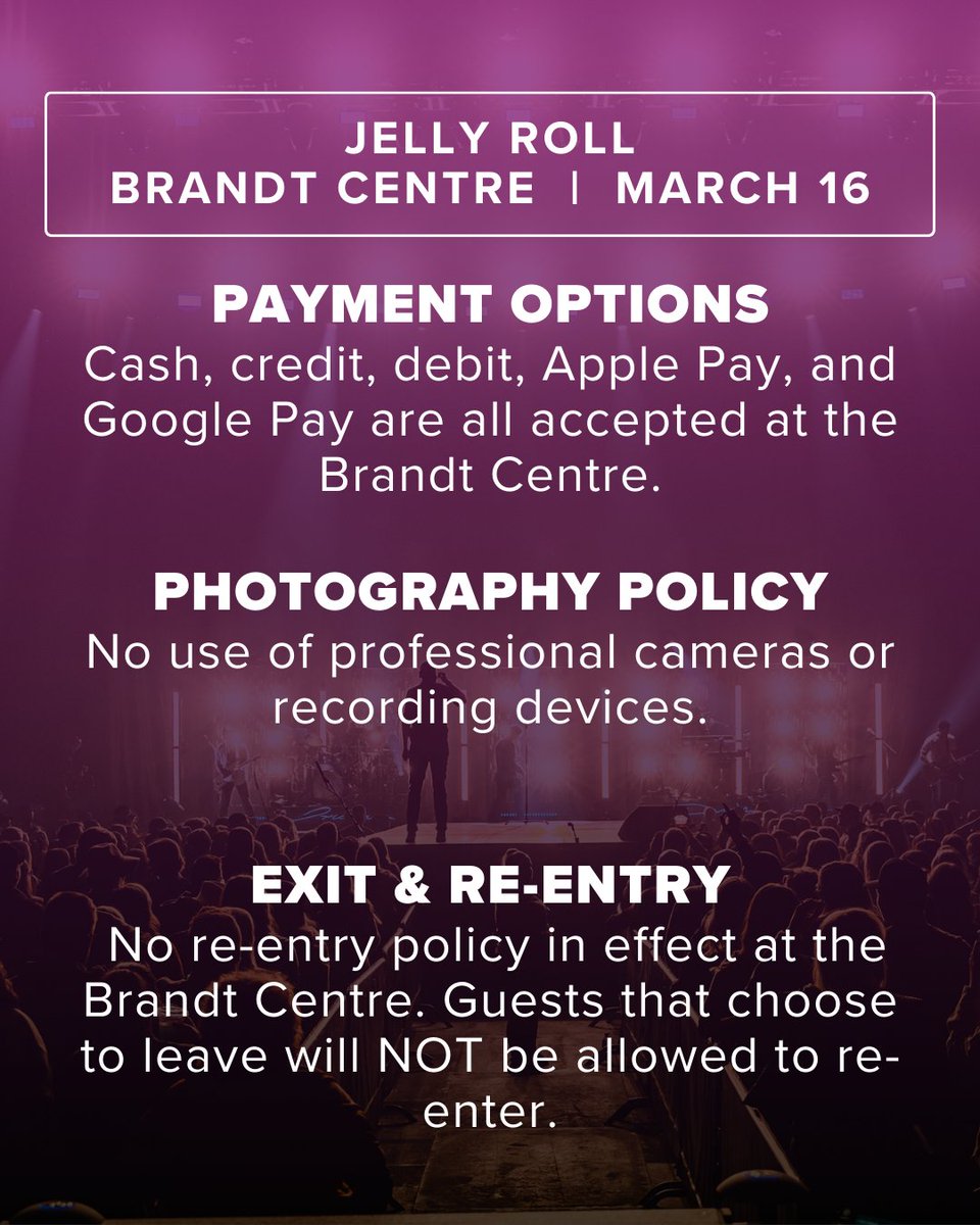 Brandt Centre (@brandtcentre) on Twitter photo 🎤 <a href="/JellyRoll615/">Jelly Roll</a> at Brandt Centre – Know Before You Go!
Before you head to the show on March 16, make sure you're ready. Swipe through for all the key details, including door times, ticket info, security checks, merch locations & more!
#REALDistrict #SeeYQR 🎤 <a href="/JellyRoll615/">Jelly Roll</a> at Brandt Centre – Know Before You Go!
Before you head to the show on March 16, make sure you're ready. Swipe through for all the key details, including door times, ticket info, security checks, merch locations & more!
#REALDistrict #SeeYQR