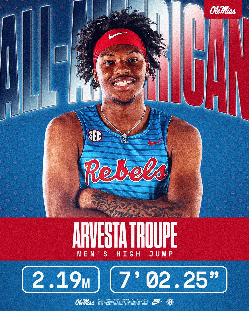 𝗔𝗹𝗹-𝗔𝗺𝗲𝗿𝗶𝗰𝗮𝗻! 🇺🇸🥹

Arvesta Troupe scores some *big* points for the Rebel men, taking 3rd in today's high jump competition at 2.19m/7' 2.25" 👏👏👏

#HottyToddy x #NCAATF