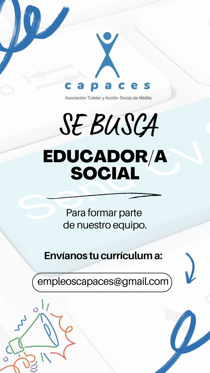 YCapaces's tweet image. 📢 ¡Oferta de Empleo!

Buscamos Educador/a Social para unirse a nuestro equipo.

📌 Requisitos:
✔️ Titulación en Ed. Social
✔️ Compromiso con el trabajo en el ámbito social
✔️ Capacidad de trabajo en equipo y empatía

📩 Interesadas/os enviar CV a: empleoscapaces@gmail.com