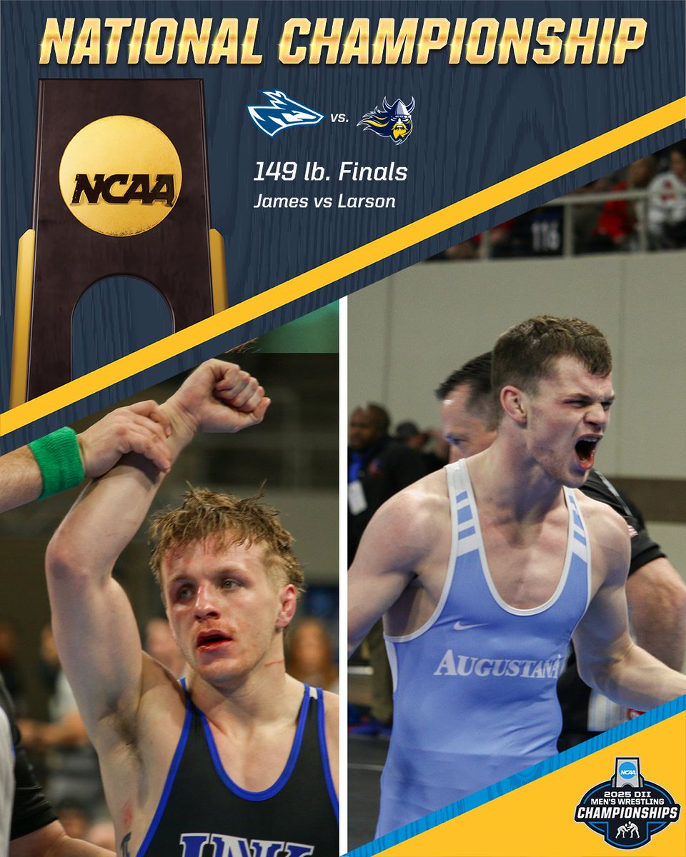 NCAA Division II (@ncaadii) on Twitter photo 149 lb Match Up: Nick James from <a href="/loperwrestling/">UNK Loper Wrestling</a> vs Cael Larson from <a href="/GoAugie/">Augustana Vikings</a>.
Wrestling starts at 7 p.m. ET.
π₯ on.ncaa.com/25WR_Finals
#D2Wrestle | #MakeItYours 149 lb Match Up: Nick James from <a href="/loperwrestling/">UNK Loper Wrestling</a> vs Cael Larson from <a href="/GoAugie/">Augustana Vikings</a>.
Wrestling starts at 7 p.m. ET.
π₯ on.ncaa.com/25WR_Finals
#D2Wrestle | #MakeItYours
