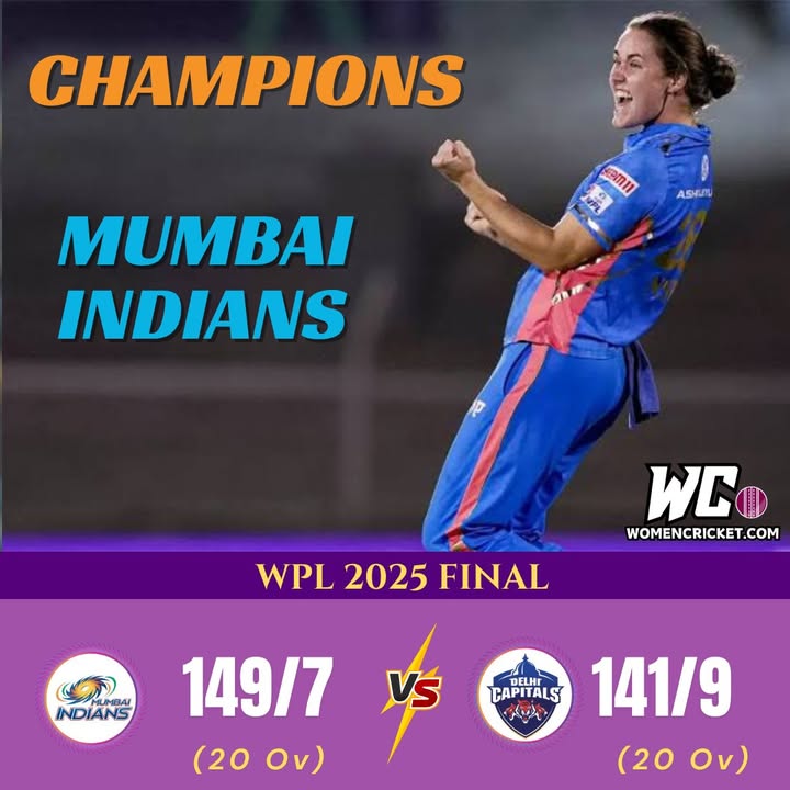 WomenCricketHQ's tweet photo. Mumbai Indians beat Delhi Capitals by 8 runs in the WPL 2025 final 

Scorecard: https://t.co/CBtd9GJzLT

#cricket #DCvMI #WPL2025 #CricketTwitter #WomenCricket https://t.co/GVRNo9xLN2