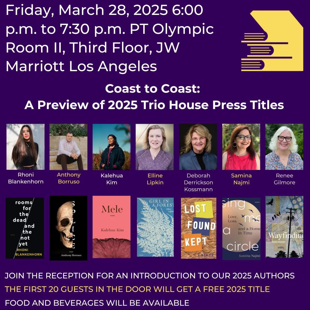 triohousepress's tweet image. Going to AWP in Los Angeles? Come to our on-site reception! First 20 attendees get a free 2025 title, and there will be appetizers and beverages! Friday, March 28, 6-7:30 pm at the Marriott. 

facebook.com/share/19BwgJBC…