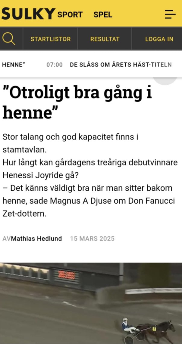 StallHenessi's tweet photo. Igår gjorde Henessi Joyride debut på tävlingsbanan och hon gjorde det på bästa sätt, vinst på tiden 1.16.3 över 2140 meter ✨. Idag är där en fin artikel om henne på Sulkysport. Stort grattis till skötare, tränare Matias Djuse och ägare Deepwave Stables Sweden. #stallhenessi https://t.co/qWBdyASUvU