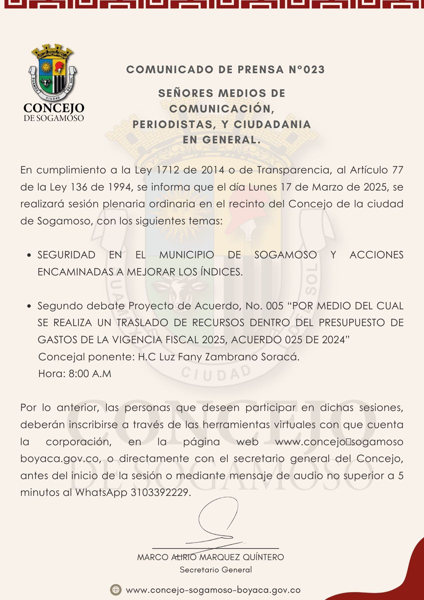 concejo-sogamoso-boyaca.gov.co/.../comunicado...
Se informa que el día Lunes 17 de Marzo de 2025, se realizará sesión plenaria ordinaria en el recinto del Concejo de la ciudad de Sogamoso.
.
.
.
#Sogamoso #Valoralopúblico #ConcejoMunicipal #ComunicaciónEficaz