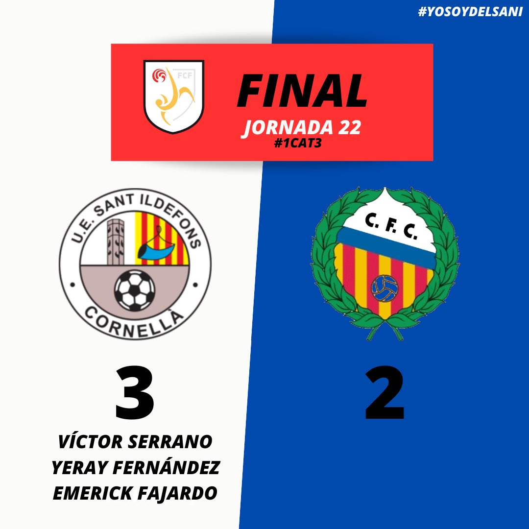 ⚽️ ¡FINAAL, FINAAAL, FINAAAAL, FINAAAAL, FINAAAAAL DEL PARTIDOOOO! 

🔛 #PrimerEquipo 3-2 <a href="/cfcanonja/">𝗖𝗙 𝗖𝗔𝗡𝗢𝗡𝗝𝗔</a> 

🎯 ¡Goles de <a href="/viictorseerrano/">Victor Serrano🙅🏽‍♂️</a>, Emerick y <a href="/YerayFer_8/">Yeray Fernandez</a>! 

✅ ¡El equipo suma 3️⃣ puntos muy importantes y sale de la zona de descenso!

#1cat3 #SaniCanonja #YoSoyDelSani 💙