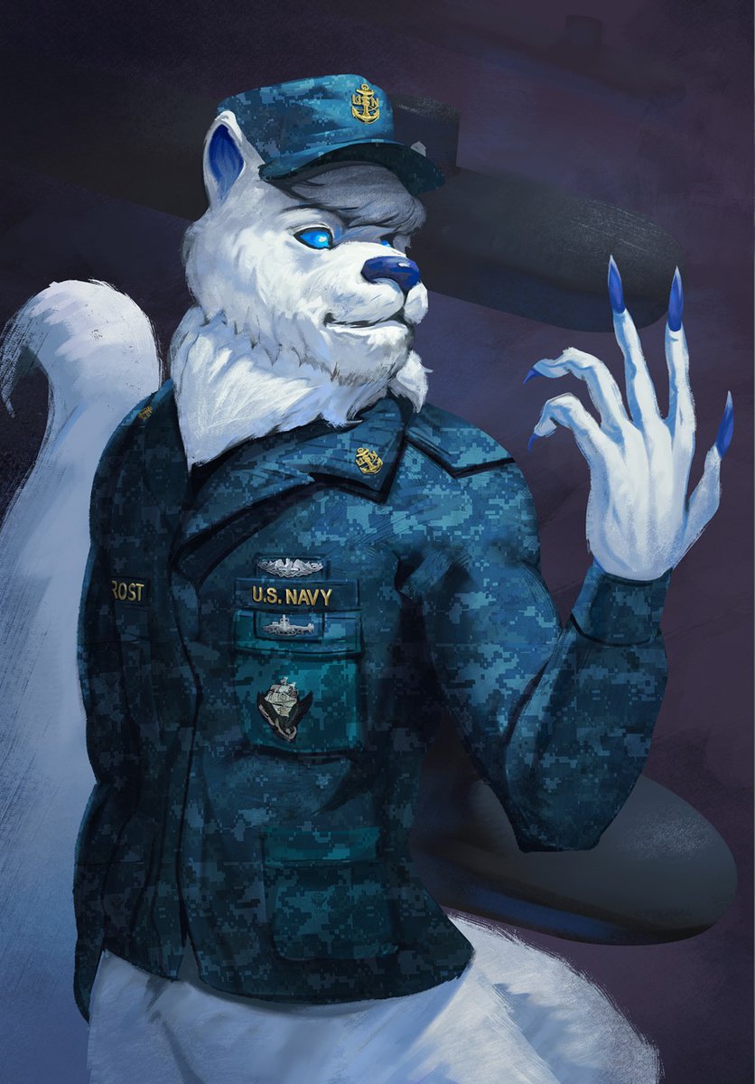 thepimpartist's tweet photo. Frost is a Polar Bear Naga Serpent Thingy (official description) and his owner wanted him in a US Navy submarine commander's uniform for CNY.

If you'd like something like this, I'm open just dm me! Price sheet pinned on my profile.
#furryartwork #furryartist #furryarts https://t.co/8SCKp4gvUe