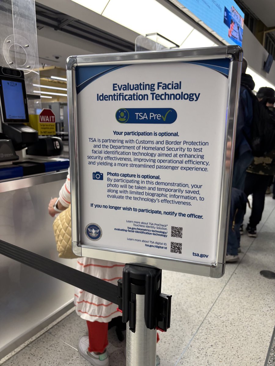 The first sign below is the one people in line could see at DCA this morning: Your photo is "deleted" after your identity is verified.

But TSA posted a second sign—where no one could see it—admitting to the public what I've been saying all along: Your photo will be "saved" for