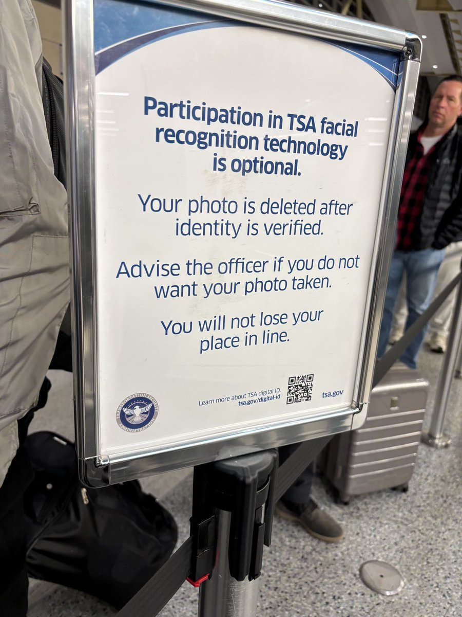 SenJeffMerkley's tweet photo. The first sign below is the one people in line could see at DCA this morning: Your photo is "deleted" after your identity is verified.

But TSA posted a second sign—where no one could see it—admitting to the public what I've been saying all along: Your photo will be "saved" for research.

Which is it, @TSA? Are our photos deleted or saved?
