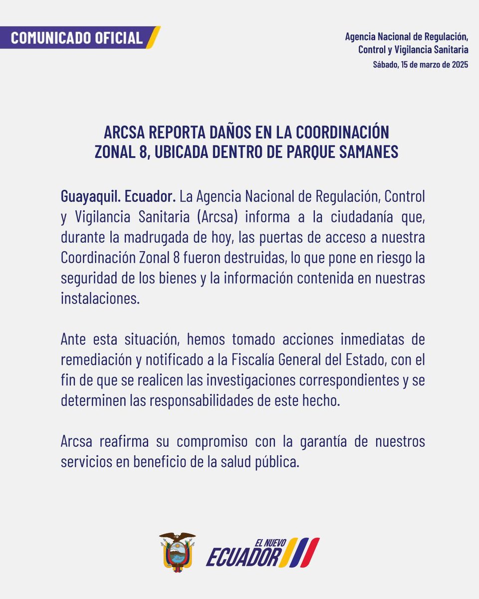 Arcsa_Ec's tweet photo. #ComunicadoArcsa 📃 | En la madrugada de hoy, fueron destruidas las puertas de acceso a nuestra Coordinación Zonal 8, ubicada en el Parque Samanes. Hemos tomado las medidas inmediatas y notificado a la autoridad competente para las investigaciones pertinentes.

#ElNuevoEcuador 🇪🇨 https://t.co/AtUqAj7K80