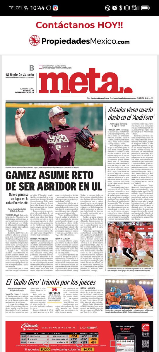 Hoy en la portada de nuestro <a href="/meta_elsiglo/">META de El Siglo de Torreón</a> una muy buena entrevista con mi pana Luis Gamez, que está de regreso para ganarse un lugar en la rotación de los Guindas. En unos meses celebraremos nuevamente! Vamo' ahí!