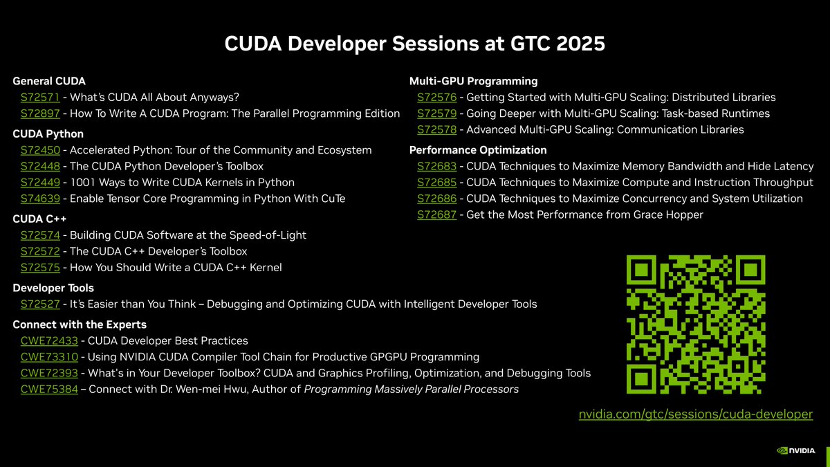 Want to write high quality GPU software? We're launching a new CUDA curriculum for all skill levels at GTC next week!

There are dozens of talks, tutorials &amp; notebooks to teach you modern GPU programming.

Much of it will be made public - links in thread.

nvidia.com/gtc/sessions/c…