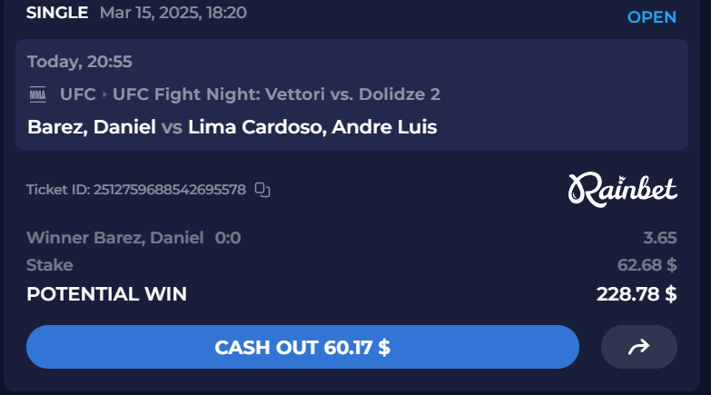 XKnockouts's tweet photo. 🔥 UFC Fight Night: Vettori vs. Dolidze 2🔥  
💥 Daniel Barez to win against Lima Cardoso at 3.65 odds! $62.68 to win $228.78! 🥊  

Who’s taking the W?

 #UFCFightNight #BarezVsLima  #UFCvegas104 https://t.co/8Rk6H2gaSX