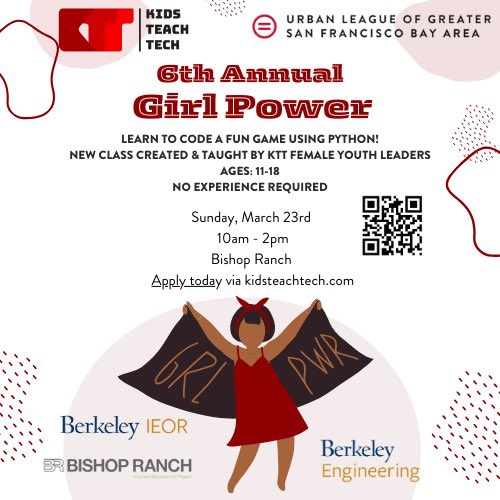 Girl Power! Join Kids Teach Tech and Urban League of Greater San Francisco Bay Area at Bishop Ranch on Sunday, March 23rd at 10am pst for our 6th annual Girl Power celebration for Women's History Month! 

Apply here:

kidsteachtech.com/appKQEg0ZP3dQG…