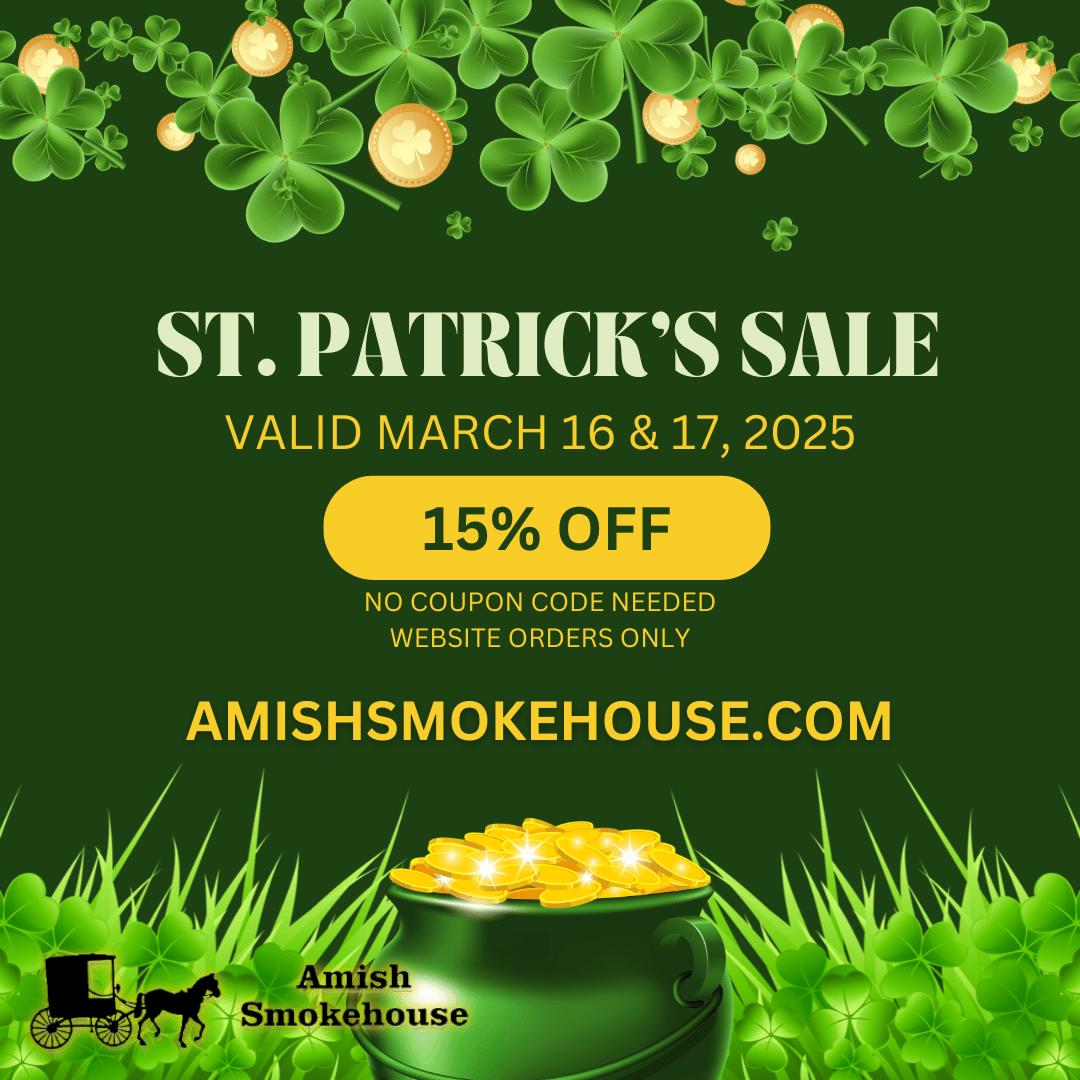 This St. Patrick’s Day, Amish Smokehouse is giving you 15% OFF all beef jerky, snack sticks, and smokies! 🌿🔥 Stock up on your favorite high-protein, snacks before the deal disappears! Valid Sunday &amp; Monday ONLY! Don’t miss out! AmishSmokehouse.com – 
#StPatricksDaySale
