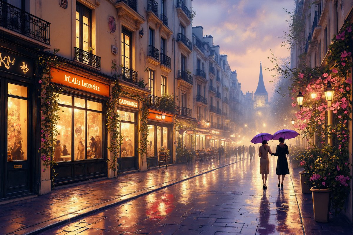 PromptSin's tweet photo. Strolling through a dreamy Paris evening, illuminated by lanterns and blooming flowers 🌸🌆 #Surrealism #ParisMagic https://t.co/mZYODDpHaM