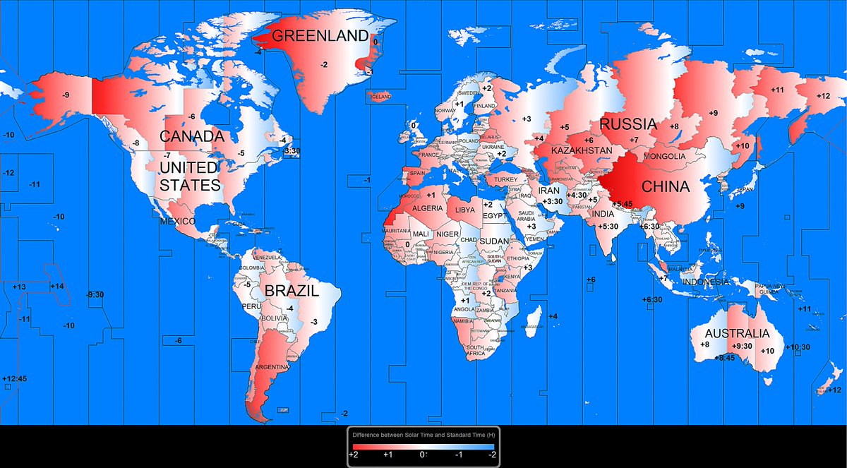 The gap between true solar time and observed time zones