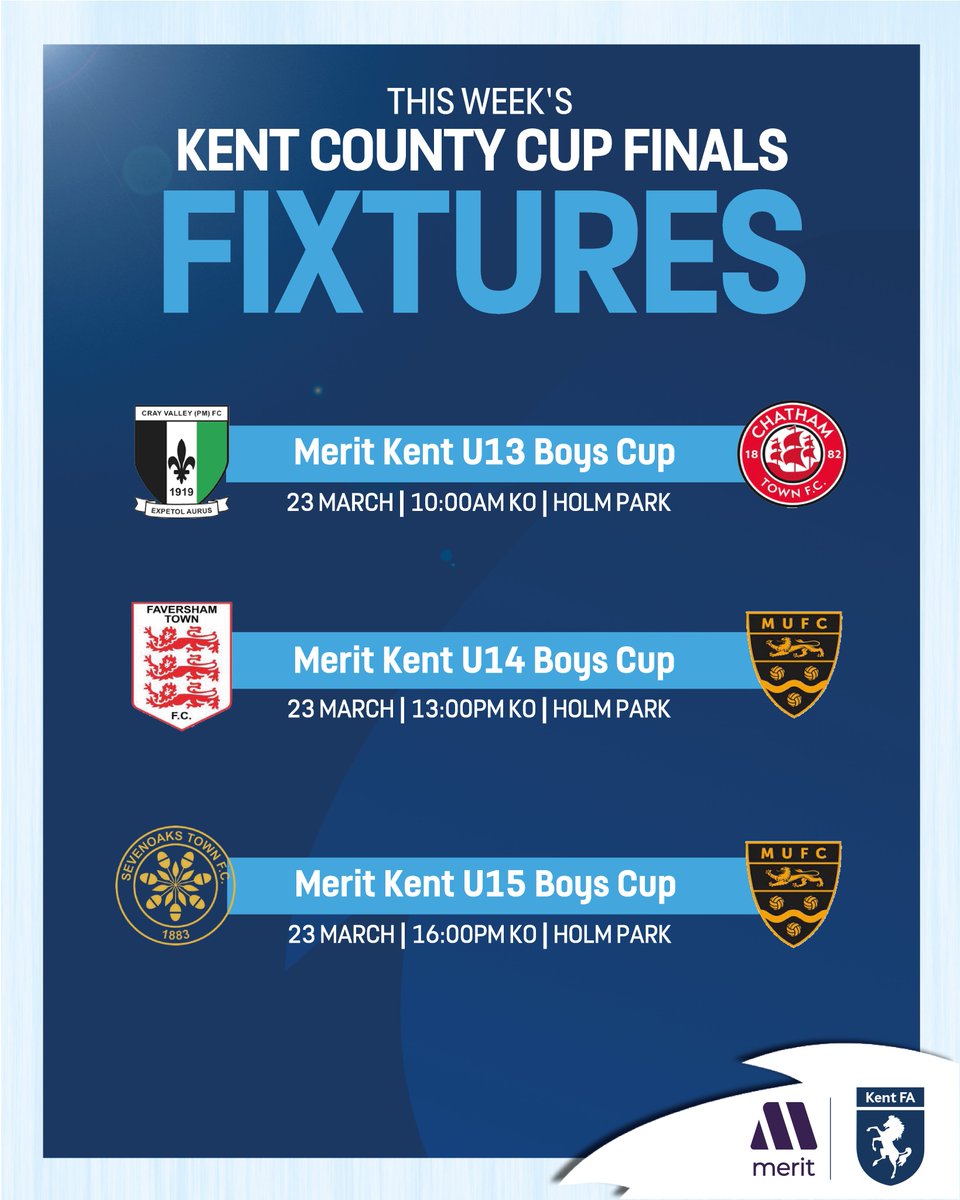 KENT YOUTH COUNTY CUP FINALS 🏆| Onto the next Kent Youth County Cup Finals at <a href="/SheppeyUFC/">Sheppey United FC</a>'s Holm Park.

This Sunday, we will enjoy Cup Final action with:
⚽The Merit U13 Boys Cup: <a href="/CrayValleyPM/">Cray Valley (PM) FC</a> vs <a href="/ChathamTownFC/">Chatham Town</a>
⚽The Merit U14 Boys Cup: <a href="/FavershamTownFC/">Faversham Town F.C.</a> vs @MaidstoneUnited