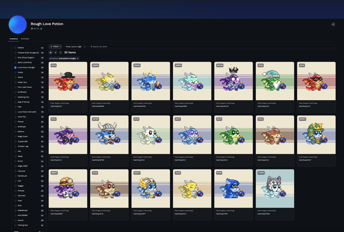 the rlp.ron wallet now holds 20 of the 39 “love potion (rough)” trait <a href="/pixels_dragons/">Pixel Dragons</a>. $rlp