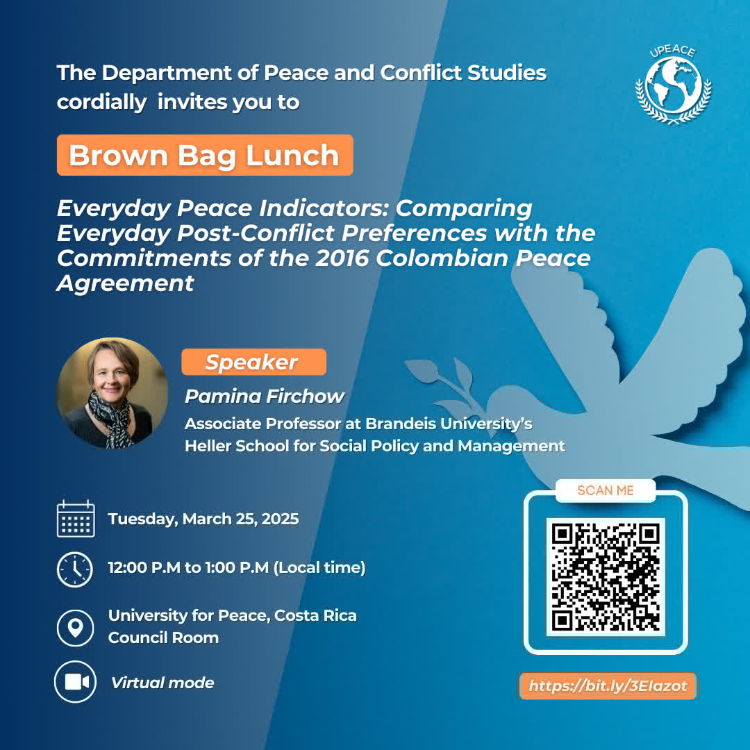 University for Peace (@upeace) on Twitter photo Join Pamina Firchow (<a href="/everydaypeace/">Everyday Peace Indicators</a>), an expert in peacebuilding, as she takes a deep dive into Colombia's peace journey
📅 Date: March 25, 2025
🕛 Time: 12:00 P.M. (Local)
💻 Register now: bit.ly/4kb35KZ
#Colombia #Webinar #Communities #Education Join Pamina Firchow (<a href="/everydaypeace/">Everyday Peace Indicators</a>), an expert in peacebuilding, as she takes a deep dive into Colombia's peace journey
📅 Date: March 25, 2025
🕛 Time: 12:00 P.M. (Local)
💻 Register now: bit.ly/4kb35KZ
#Colombia #Webinar #Communities #Education