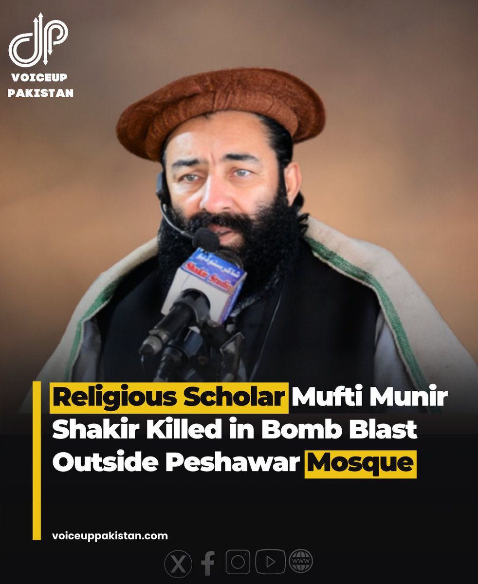 VoiceupPakistan's tweet photo. Prominent religious scholar and founder of the banned group Lashkar-i-Islam, Mufti Munir Shakir, was killed on Saturday in a bomb blast on the outskirts of Peshawar, police said.

#Religious #Scholar #Mufti #MunirShakir #Killed #Bomb #Blast #Pashawar #Mosque #Masjid https://t.co/p194HICVKc