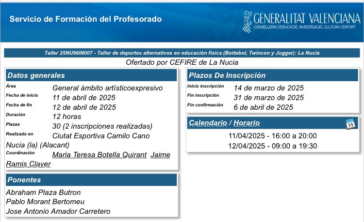Para aquell@s compañer@s interesad@s de la Comunidad Valenciana: 

Taller d'esports alternatius a la Nucia, aquí inscripciones ⬇️
cefire.edu.gva.es/sfp/index.php?…