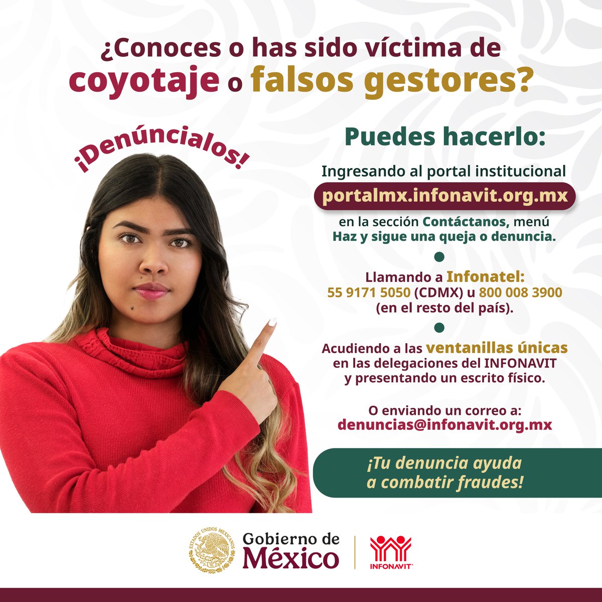 Infonavit's tweet photo. Tu denuncia es muy importante para seguir haciendo frente a los fraudes. Acércate a nuestros canales oficiales. 👀📢 https://t.co/JKp5eQTW9s

#InfonavitHumanista #2doPiso4T https://t.co/0xKPfkVXOG