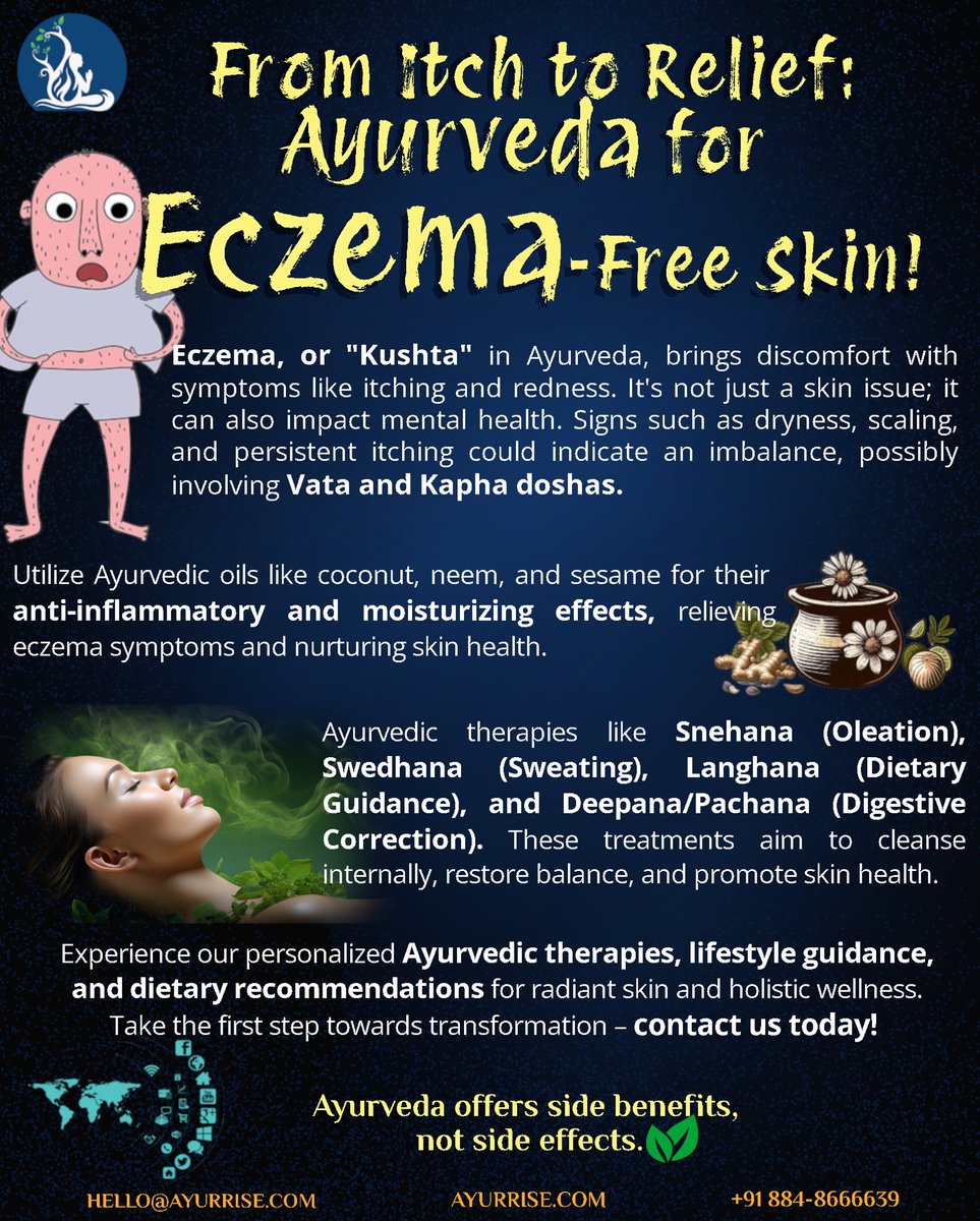 ayurrise's tweet photo. Eczema, or Vicharchika in Ayurveda, is a chronic skin condition causing dryness, itching, and inflammation. Ayurveda offers holistic solutions to manage and heal eczema naturally. Here’s how! 🧵👇

#AyurvedaEczema #HolisticSkinCare #NaturalMedicine https://t.co/IEvbww3jD3