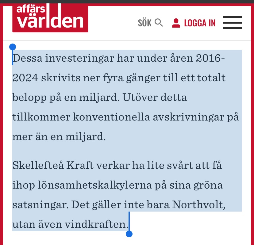 2017 invigdes Skellefteå Kraft en av Europas största vindkraftsanläggningar vid Blaikfjället. 
Total investering 3,3 miljarder kr.
Tre år senare skrivs värdet ner med 560 miljoner.

affarsvarlden.se/artikel/sandst…