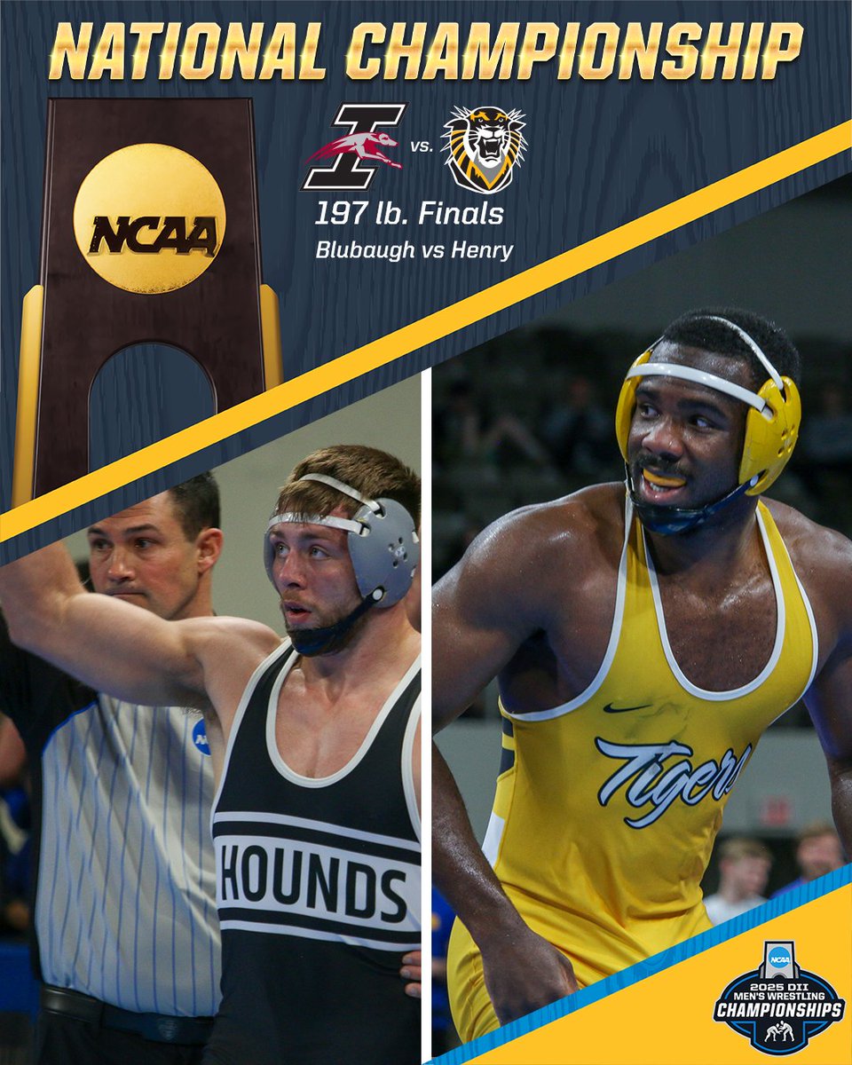 NCAADII's tweet image. 197 lb Match Up: Derek Blubaugh from @UIndyWrestling will wrestle Tereus Henry from @FHSUWrestling for the title. 

Wrestling starts at 7 p.m. ET.

🎥 on.ncaa.com/25WR_Finals

#D2Wrestle | #MakeItYours