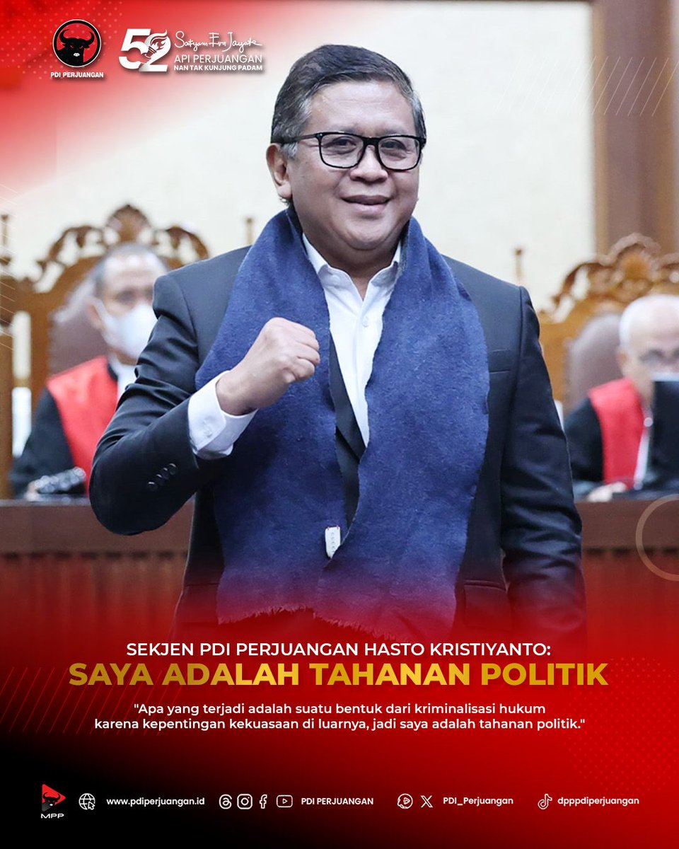 PDI_Perjuangan's tweet photo. Sekjen PDI Perjuangan Hasto Kristiyanto menegaskan apa yang terjadi adalah suatu bentuk dari kriminalisasi hukum karena kepentingan kekuasaan di luarnya, yang menegaskan sebagai tahanan politik.

Sekjen PDI Perjuangan Hasto Kristiyanto juga menegaskan mengikuti proses hukum dan percaya keadilan akan ditegakkan.

"Semoga ini menjadi suatu pelajaran yang terbaik bahwa cita-cita menegakkan hukum yang berkeadilan adalah cita-cita seluruh anak bangsa kita," tegas Hasto Kristiyanto.

#PDIPerjuangan
#MenangkanRakyat
#SatyamEvaJayate
#KebenaranPastiMenang
#SolidBergerak