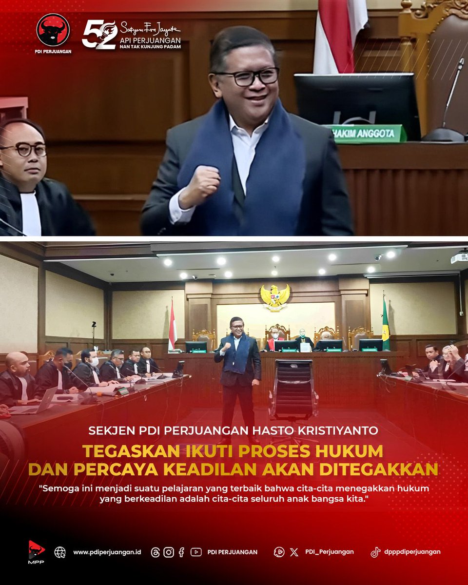 PDI_Perjuangan's tweet photo. Sekjen PDI Perjuangan Hasto Kristiyanto menegaskan apa yang terjadi adalah suatu bentuk dari kriminalisasi hukum karena kepentingan kekuasaan di luarnya, yang menegaskan sebagai tahanan politik.

Sekjen PDI Perjuangan Hasto Kristiyanto juga menegaskan mengikuti proses hukum dan percaya keadilan akan ditegakkan.

"Semoga ini menjadi suatu pelajaran yang terbaik bahwa cita-cita menegakkan hukum yang berkeadilan adalah cita-cita seluruh anak bangsa kita," tegas Hasto Kristiyanto.

#PDIPerjuangan
#MenangkanRakyat
#SatyamEvaJayate
#KebenaranPastiMenang
#SolidBergerak