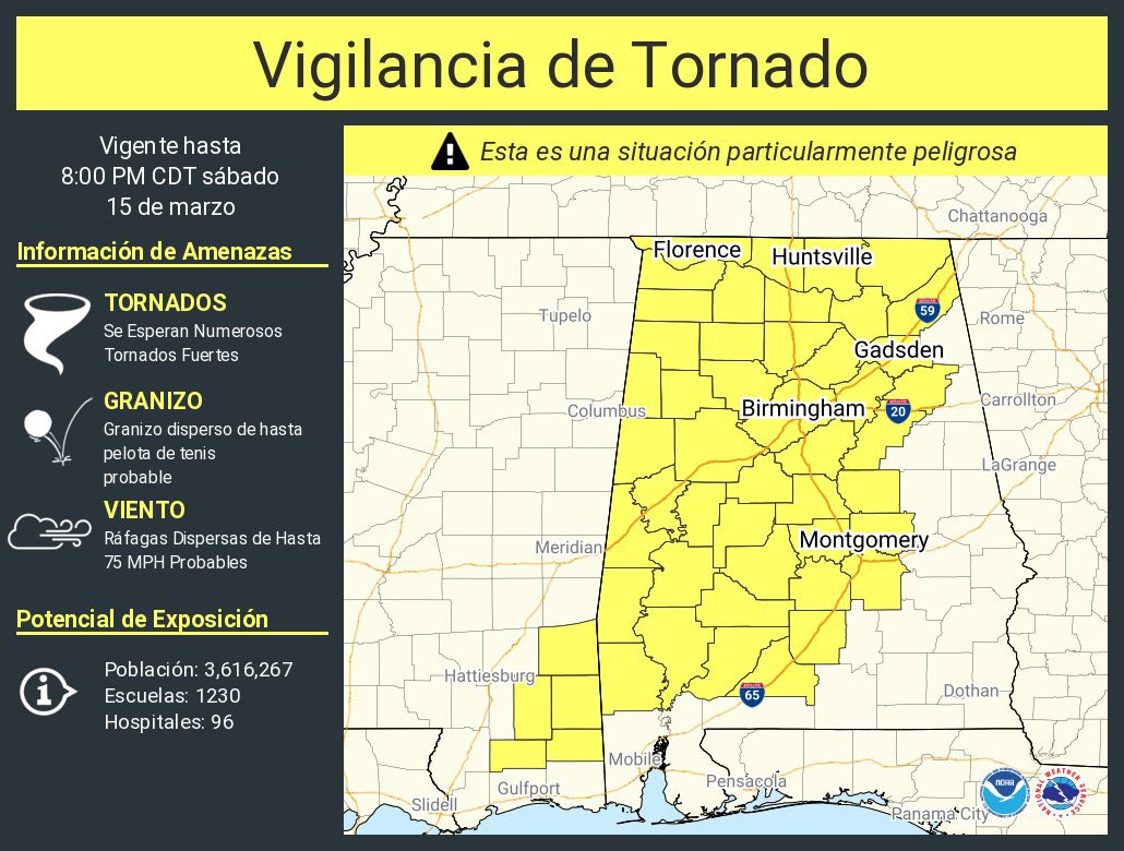 AuburnSafety's tweet photo. 2:15 Weather update:  Tornado watches stretch across most of Alabama, with the exception of East AL. It will only be a matter of time before Lee county is under a tornado watch. 

*Remember a tornado watch is issued when conditions are favorable for storm development 

@AuburnU https://t.co/v87P5h0GYM