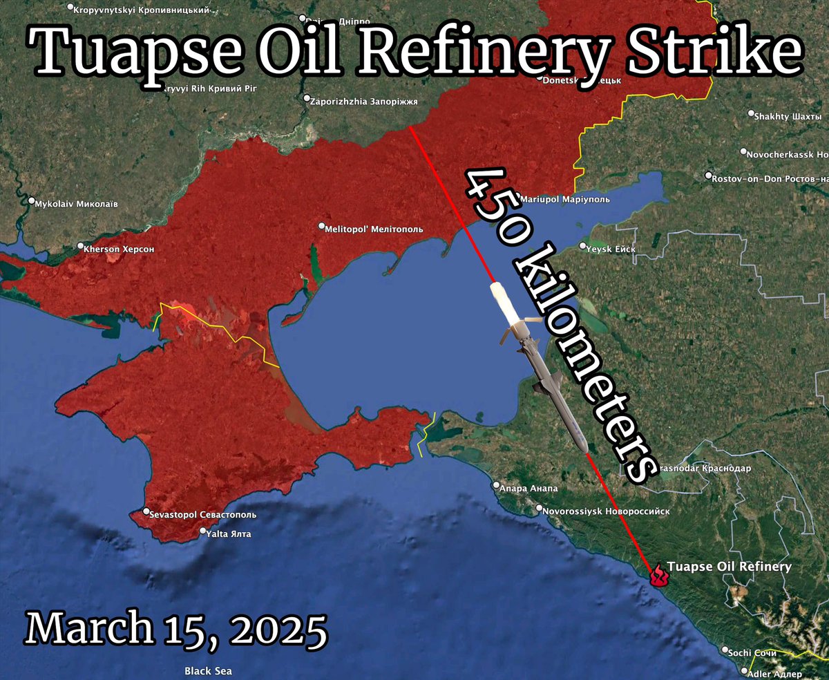 ukraine_map's tweet photo. Today, Ukraine 🇺🇦 carried out its furthest missile strike of the war, using a Ukrainian Neptune Cruise Missile to strike the Tuapse Oil Refinery in Russia, located 450km from the frontline

The Neptune Cruise Missile has been successfully tested with a range of +500km to 1,000km https://t.co/0jmGVp97Uo