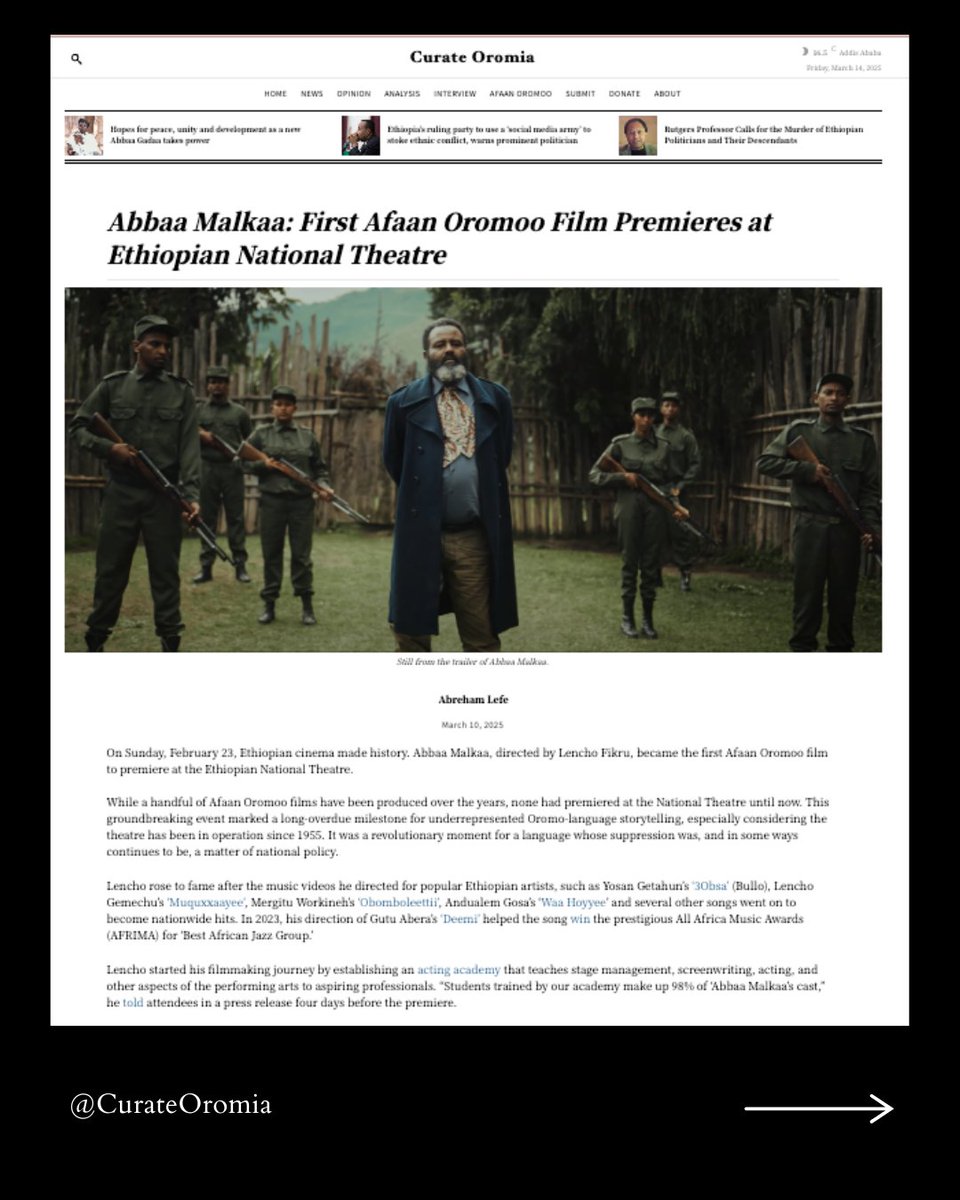 curateoromia's tweet image. We, @curateoromia, are deeply disappointed that #Ethiopia’s national broadcaster, EBC, reproduced an article we published on March 10, 2025, without proper attribution.

The article covered the premiere of 'Abbaa Malkaa', the first Afaan Oromoo film to debut at the Ethiopian…