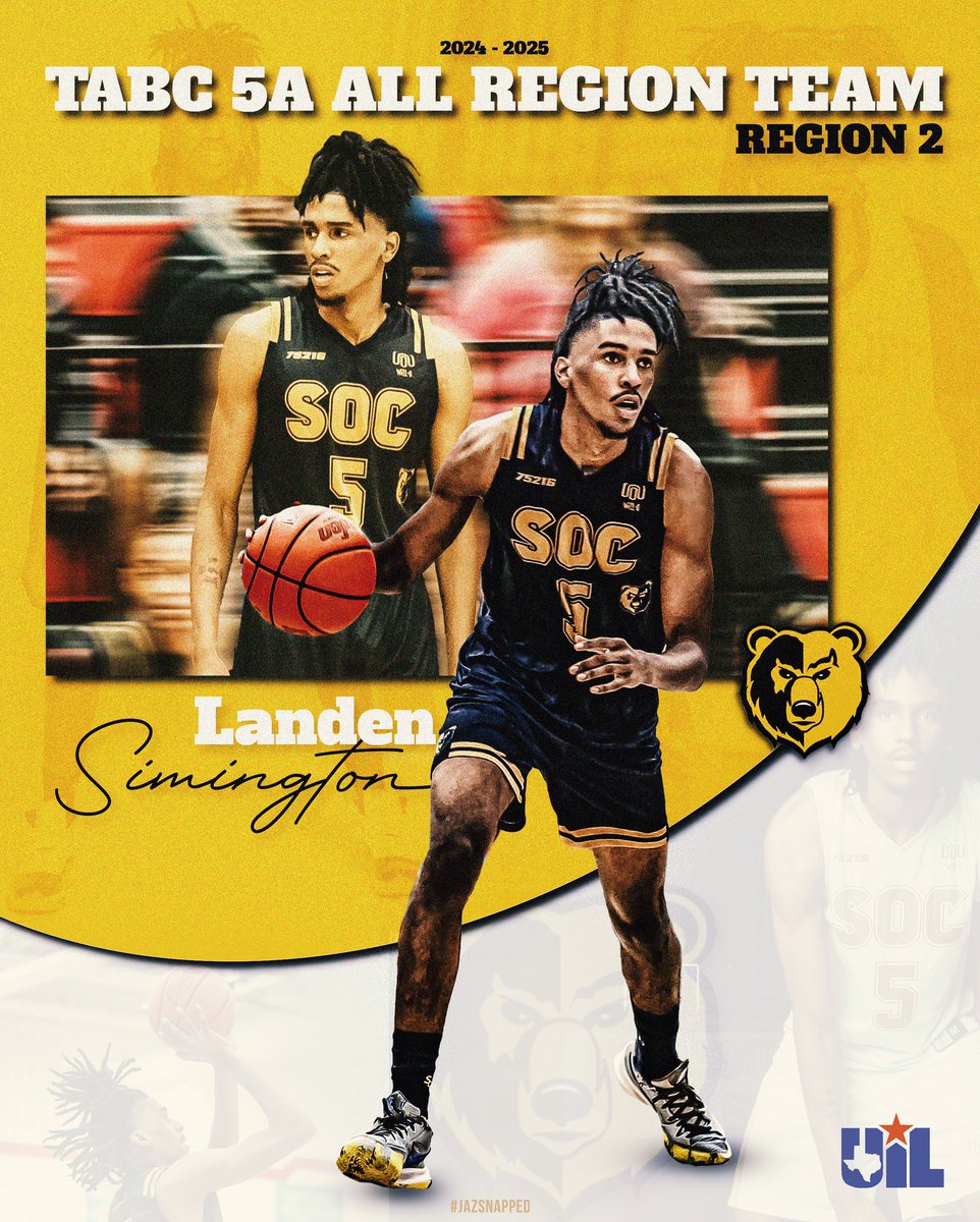 SOC Boys Basketball (@soc_boysbball) on Twitter photo Another accolade in the books to our very own <a href="/LandenSimingto1/">Landen Simington</a> for making the UIL 5A All-Region Team for Region 2! Well deserved Landen! 🏅🏆
Photos/Graphic: <a href="/JazTheShooter/">Jasmyn Reneè</a>
#SocAthletics | #TheMecca Another accolade in the books to our very own <a href="/LandenSimingto1/">Landen Simington</a> for making the UIL 5A All-Region Team for Region 2! Well deserved Landen! 🏅🏆
Photos/Graphic: <a href="/JazTheShooter/">Jasmyn Reneè</a>
#SocAthletics | #TheMecca