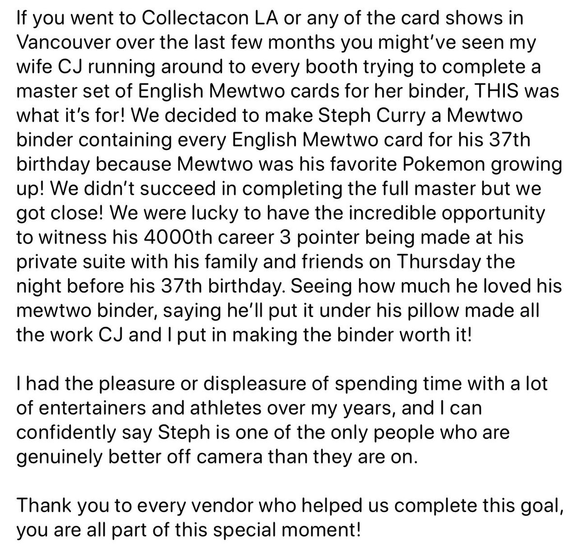 Stephen Curry of the Golden State Warriors was gifted an almost complete English Master Set of Mewtwo (his favorite Pokemon) for his 37th birthday 🔥

📸 via Jesse Peng/FB